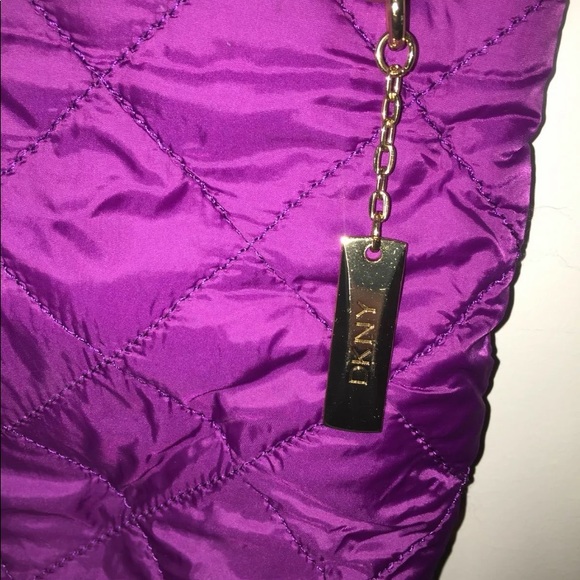 Purple Quilted DKNY Shoulder Purse With Gold Accents - Picture 5 of 7